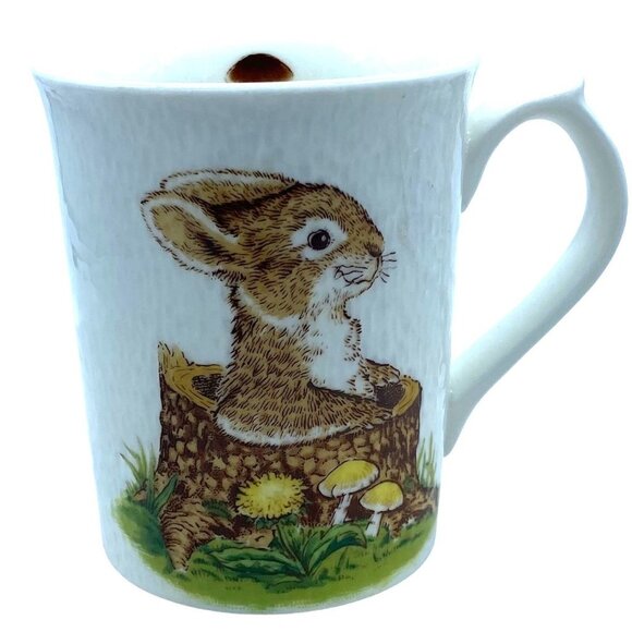 Vtg Otagiri Japan Mushrooms Cottagecore Rabbit Tree Trunk Mug Cup Ivory Stone - Picture 1 of 8